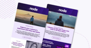 Image of two The Node articles on a light purple background with dark purple graphic details