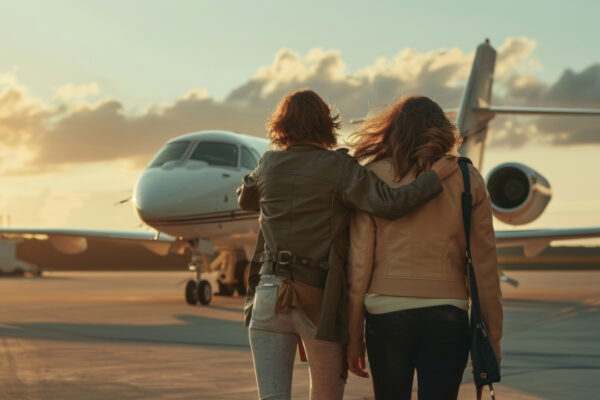 Two women walking towards a private jet on a tarmac at sunset, with one woman having her arm around the other