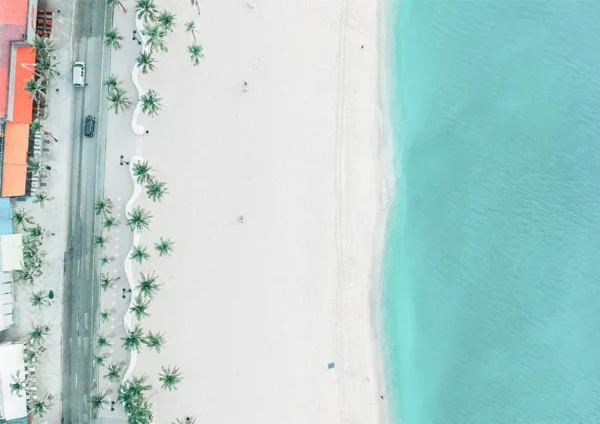 Birds-eye-view of a beach with turquoise water, palm trees, a road, and colorful buildings along the shoreline