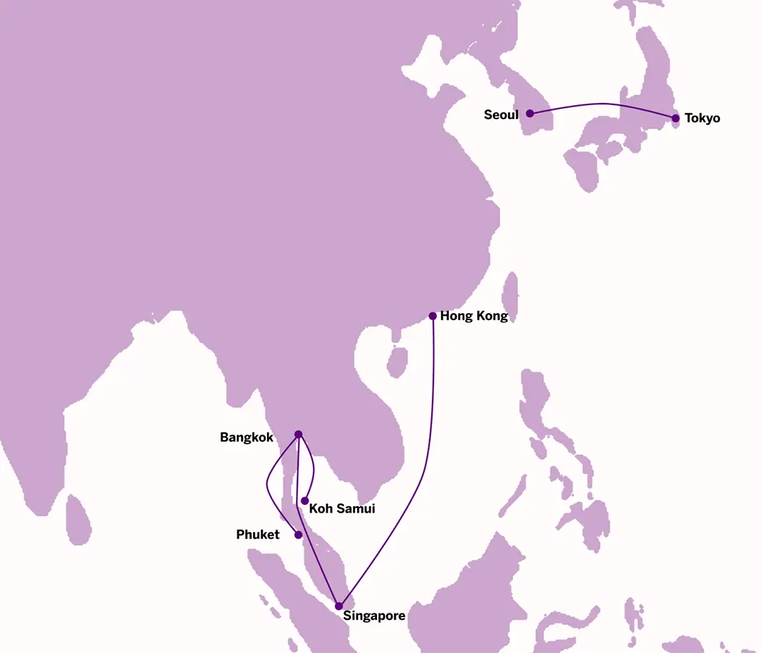 Purple map showing the most popular private jet routes in Asia.