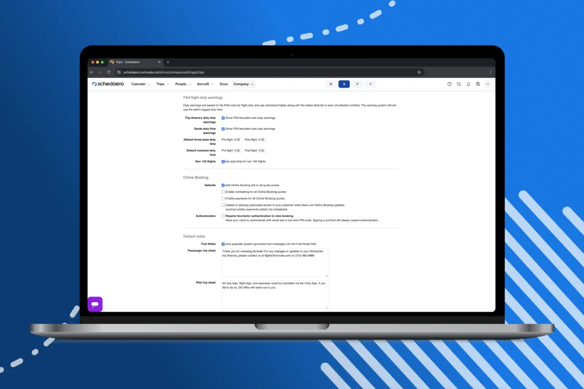Online booking settings shown on a MacBook with a blue background, with white graphical details