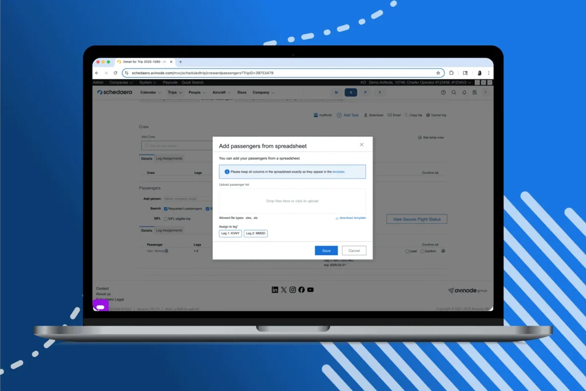 Quick Import of passengers to a flight shown on a MacBook with a blue background, with white graphical details.