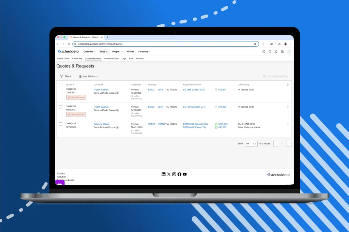 Filterable Quotes and Requests List shown on on a MacBook with a blue background, with white graphical details.