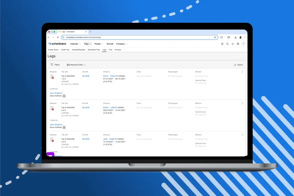 Filterable Legs List shown on a MacBook with a blue background, with white graphical details.