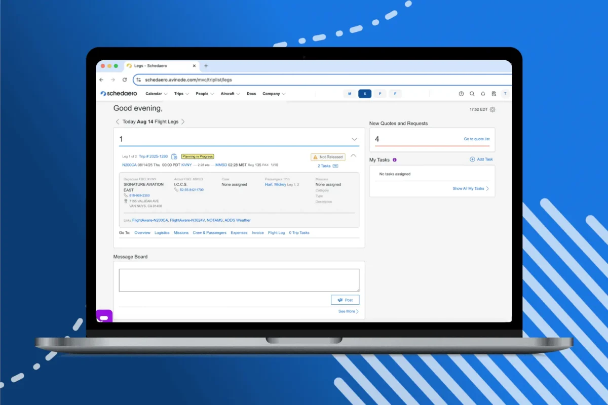 The new Flight Ops Homepage shown on a MacBook with a blue background, with white graphical details.