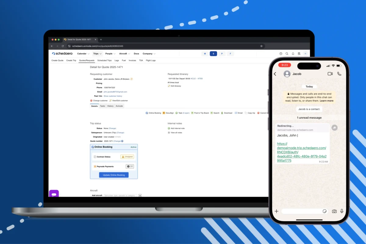 Email Less Online booking shown on a MacBook and iPhone with a blue background, with white graphical details.