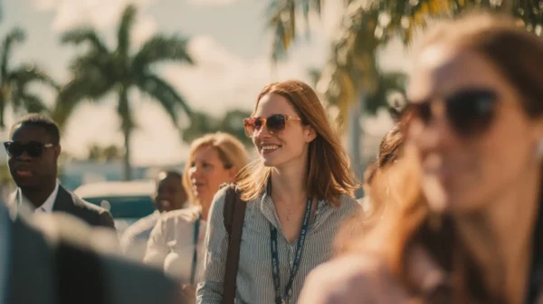 Attendees of Node Talks event walking outdoors on a sunny day with palm trees in background.