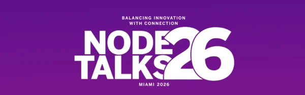 Node Talks 2026 hero image with white text and gradient purple background