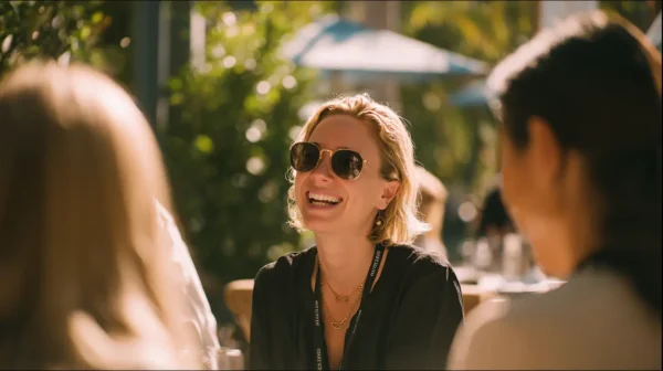 Smiling Node Talks attendee networking outdoors on a sunny day with others