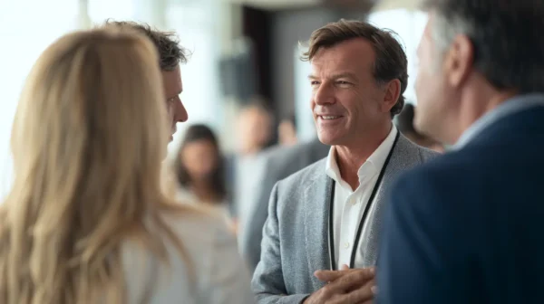 Group of professionals networking during Node Talks conference indoors