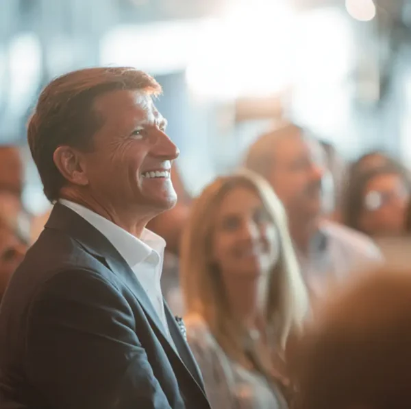 Cropped image of smiling attendee listening to keynote speaker at Node Talks conference session