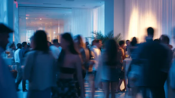 Attendees mingling at Node Talks evening networking event with blue ambient lighting