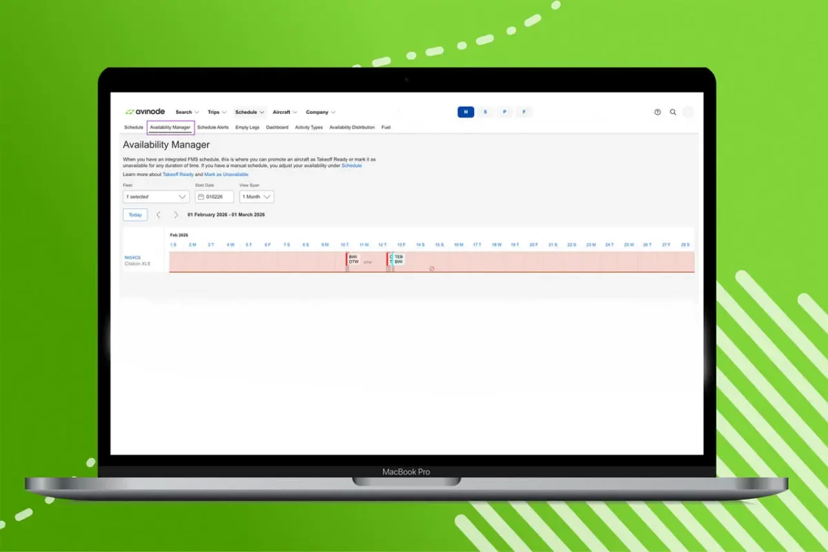 Avinode Availability Manager on a Macbook on a green background with white graphic details