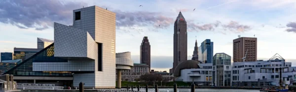 Image of Cleveland, Ohio skyline during dusk with light blue and purple colors