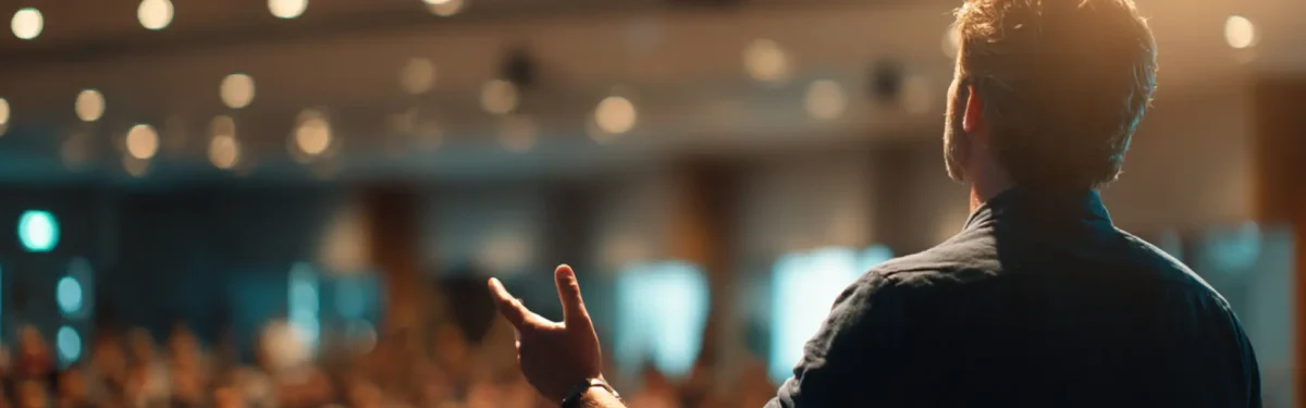 Image of a man with his arm out speaking to a crowd in a warm room at Node Talks 2026