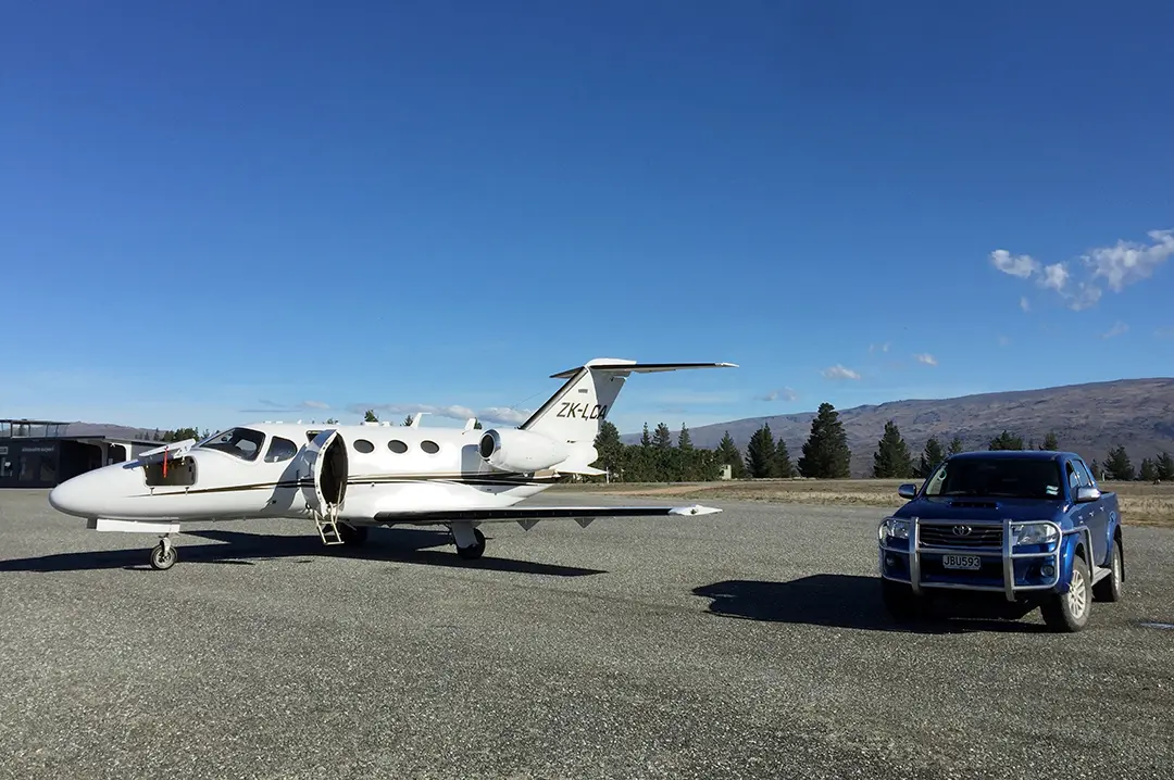 A Citation Mustang (ZK-LCA) is sitting on the apron at Alexandra Airport, New Zealand.
