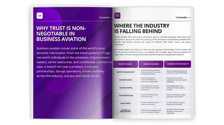 Image of an open magazine showing Avinode groups security and compliance report against a white background