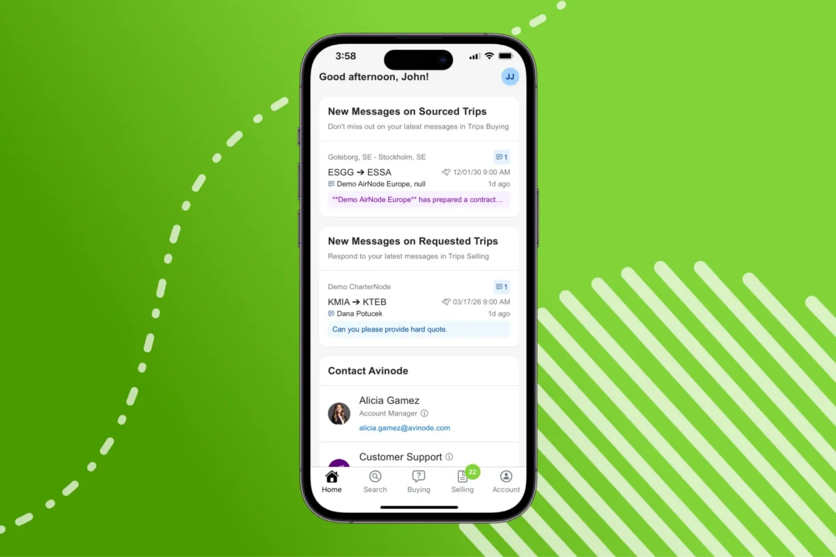 Avinode Home Tab on an iPhone on a green background with white graphic details