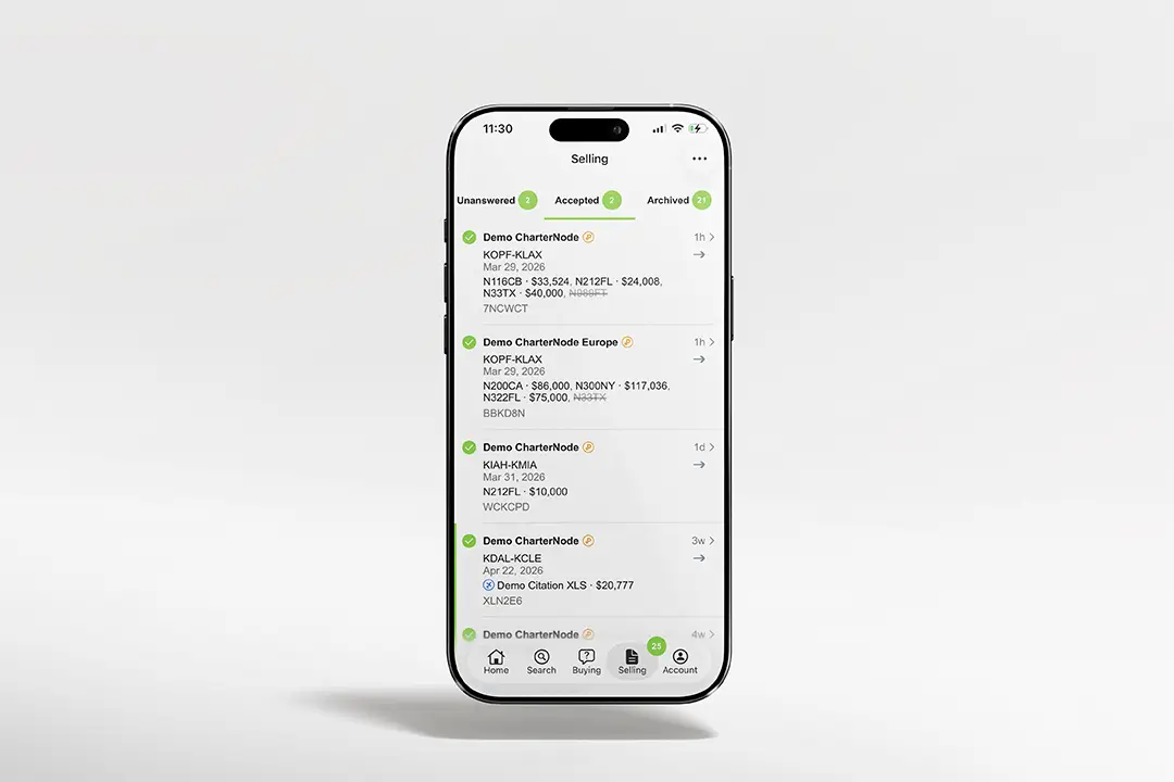 Avinode iOS mockup of Selling Tab.on a green background with white graphic details