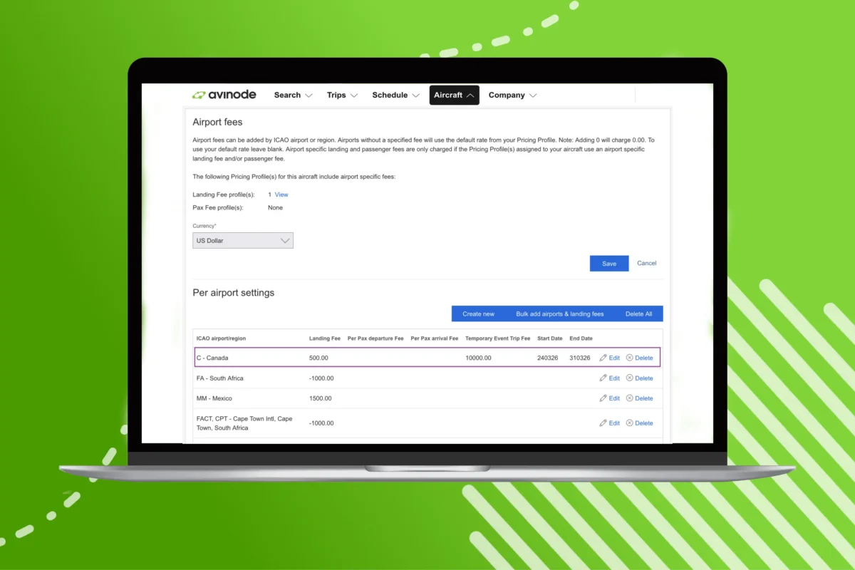 Avinode Temporary Event Trip Fee on a Macbook on a green background with white graphic details