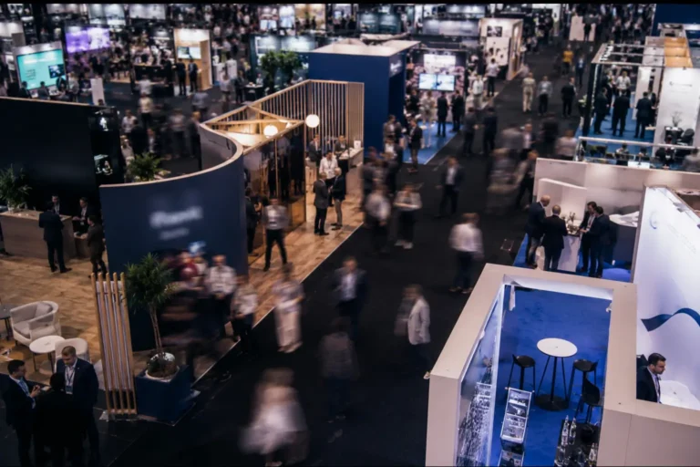 A busy showroom floor from above