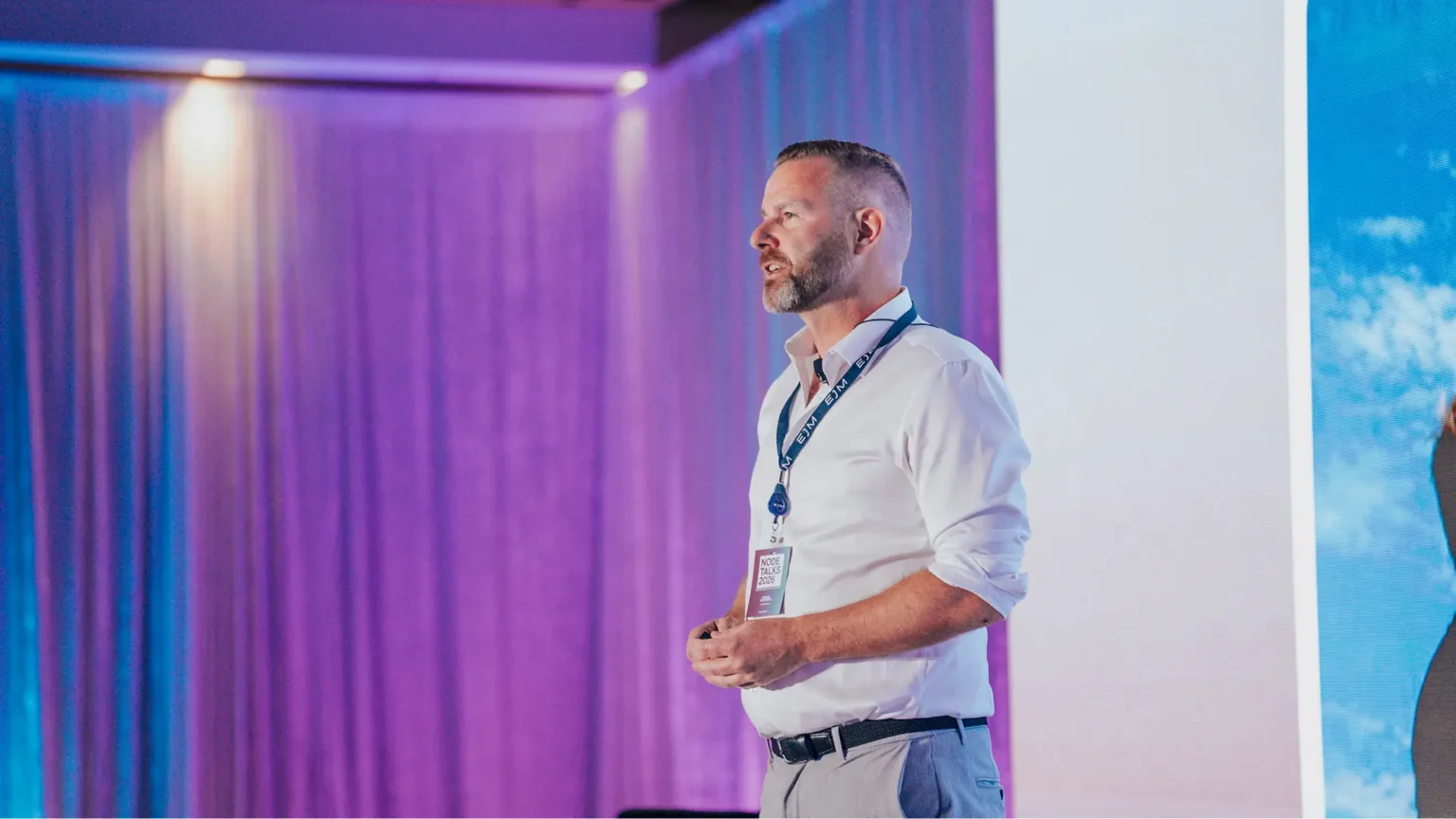 Mikael Ericsson on stage for keynote speech at Node Talks 2026.