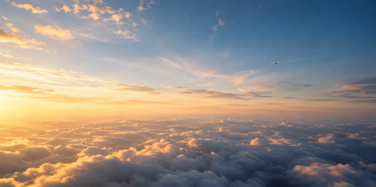 Image of a sunset above the clouds with a plane in the distance.