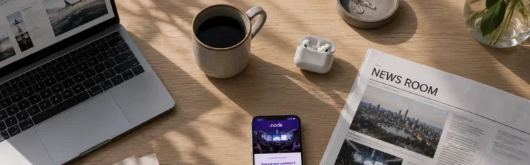 Hero image of a desk with a laptop, phone, headphones and newspaper.