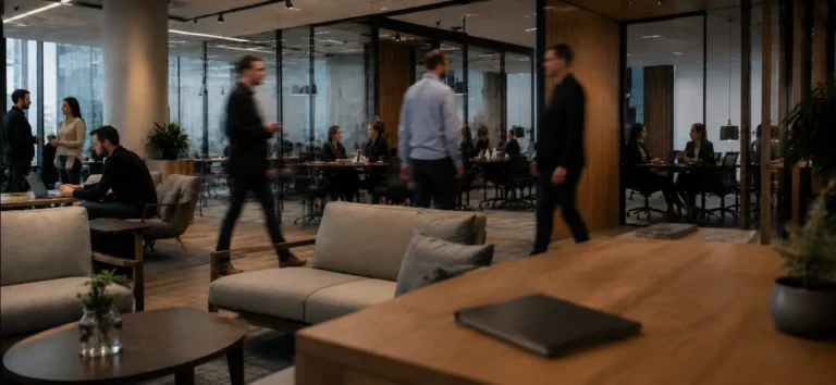 Blurry image of people at an office.