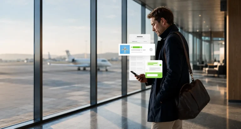 Image of a man at an airport looking at his phone with Avinode search UI.