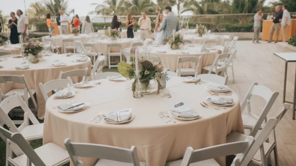 Image of the table setting with people mingling in the background at Node Talks 2026.